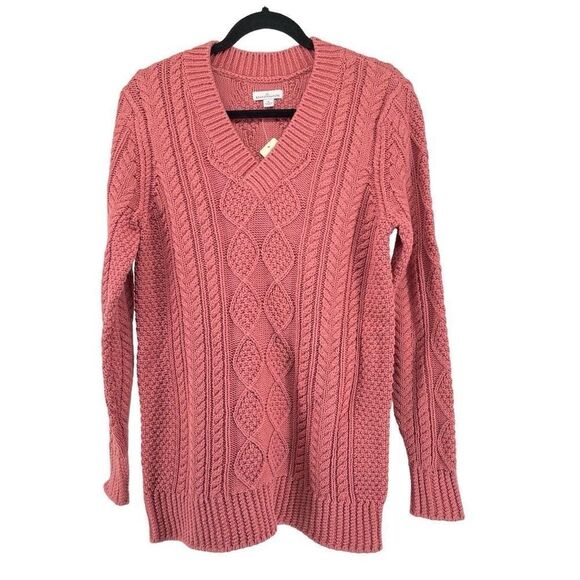 L.L. Bean Signature Women’s Pink Cotton Fisherman V-Neck Tunic Sweater Small - Picture 1 of 12